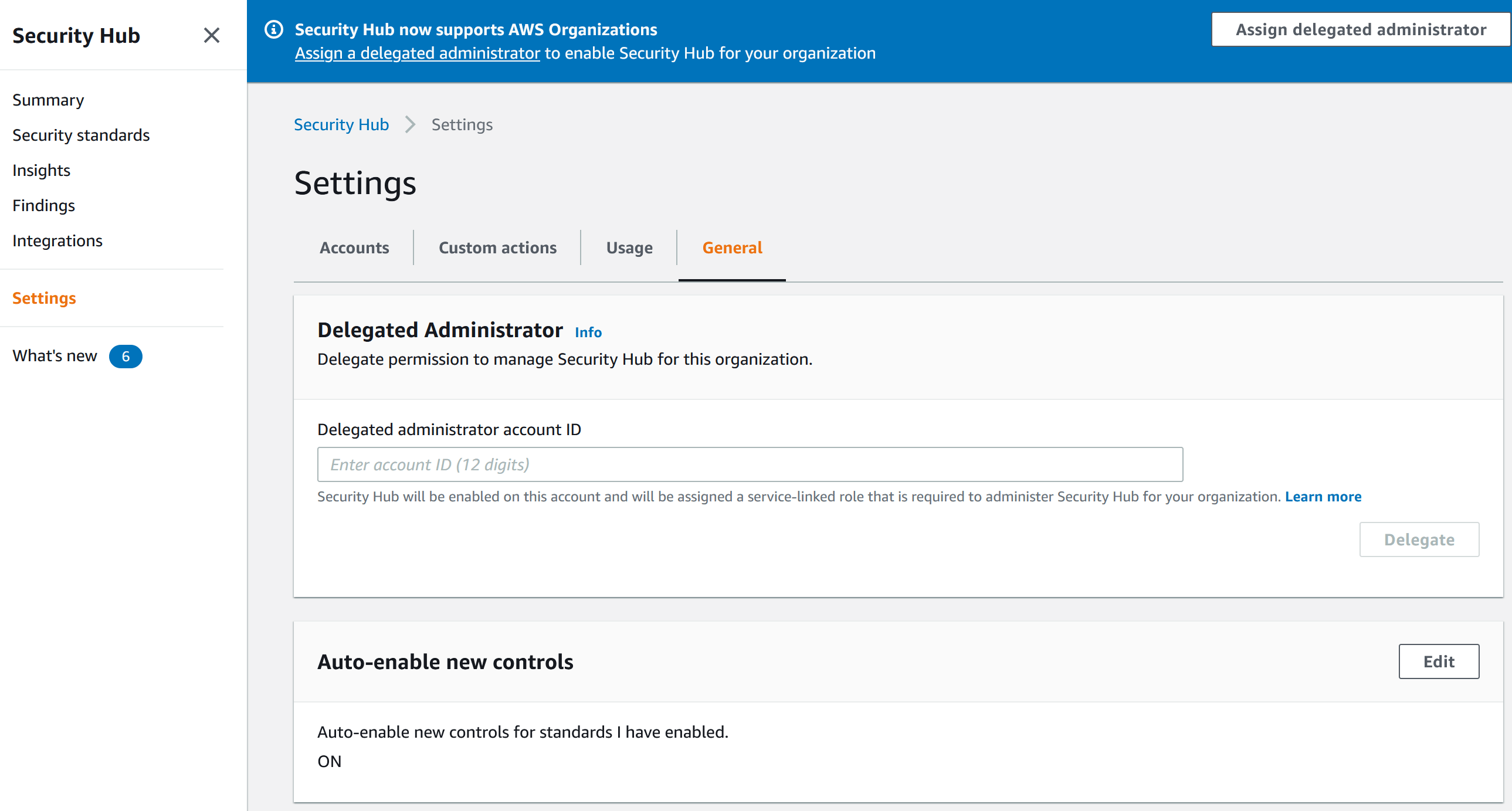 AWS Security Hub assign delegated administrator