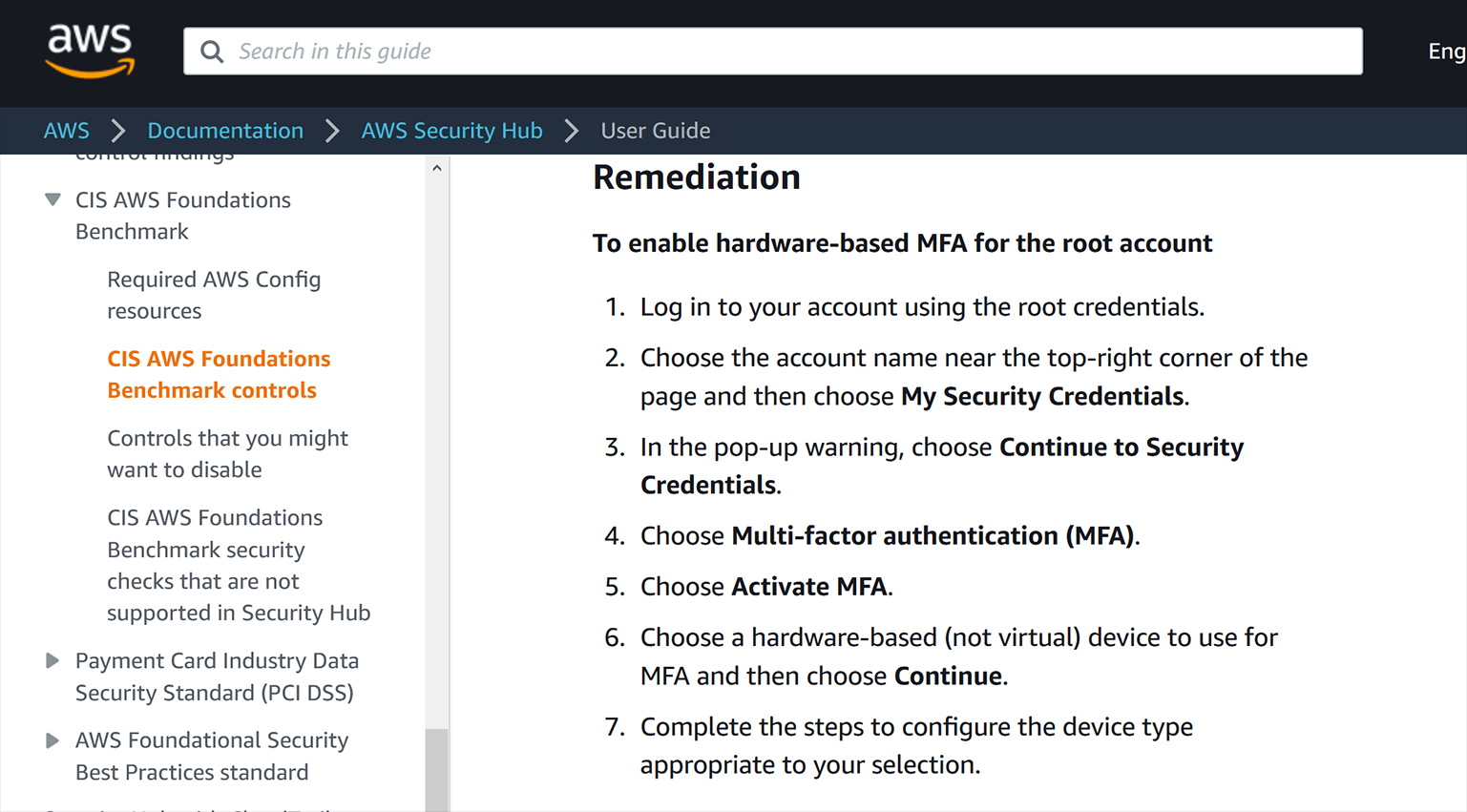 AWS Security Hub root mfa remediation steps